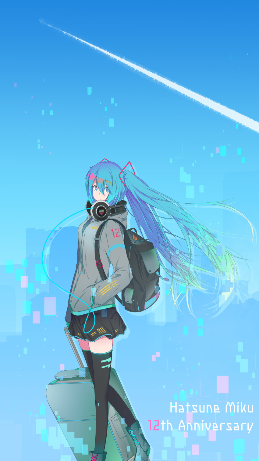 1girl absurdres adapted_costume anniversary aqua_eyes aqua_hair backpack bag black_legwear black_skirt blue_sky boots cable carrying_over_shoulder character_name cityscape commentary condensation_trail digital_dissolve expressionless feet_out_of_frame from_side hair_ornament hand_in_pocket hatsune_miku headphones headphones_around_neck highres holding hood hooded_jacket jacket long_hair looking_to_the_side luggage outdoors right_koma_dog skirt sky solo thigh-highs twintails very_long_hair vocaloid walking zettai_ryouiki