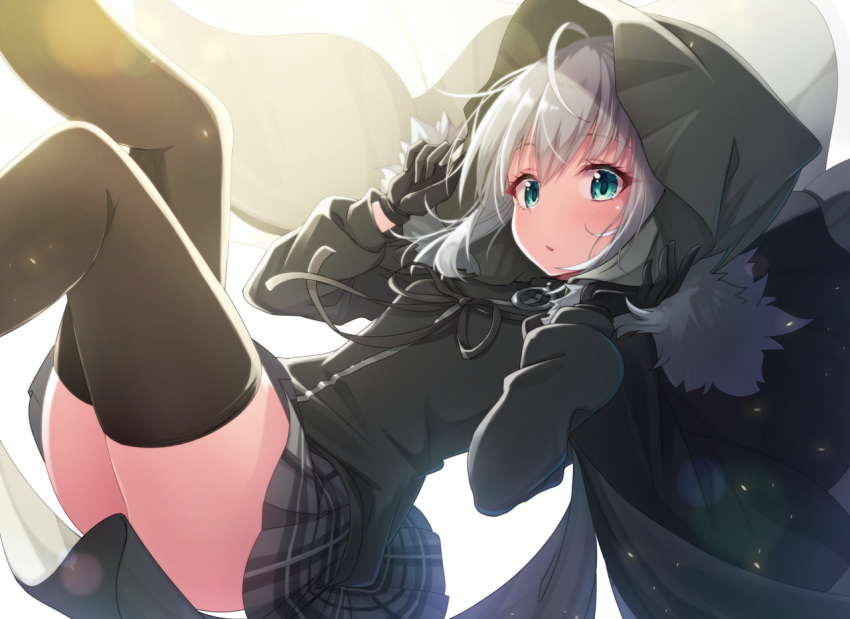 1girl backlighting bangs black_cloak black_gloves black_legwear black_ribbon black_shirt blush cloak commentary_request eyebrows_visible_through_hair fate_(series) fur-trimmed_cloak fur_trim gloves gray_(lord_el-melloi_ii) green_eyes grey_hair grey_skirt hair_between_eyes hands_up hood hood_up hooded_cloak knee_up leg_up lord_el-melloi_ii_case_files matokechi neck_ribbon panties parted_lips plaid plaid_skirt pleated_skirt ribbon shirt skirt solo thigh-highs underwear white_panties