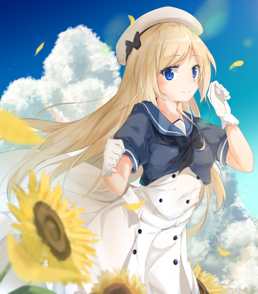 1girl absurdres bangs black_neckwear blonde_hair blue_eyes blue_sailor_collar blue_sky blush bow breasts buttons clouds day dress eyebrows_visible_through_hair flower gloves hat hat_bow highres jervis_(kantai_collection) kantai_collection long_hair looking_at_viewer mary_janes neckerchief outdoors petals sailor_collar sailor_dress sailor_hat shoes short_sleeves sky smile solo sugihiro sunflower white_dress white_gloves white_headwear