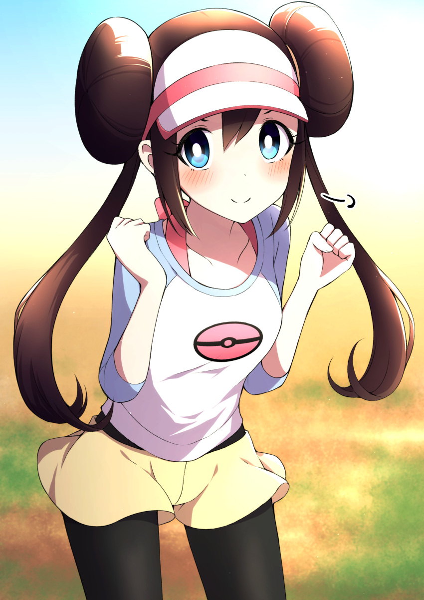 1girl =3 arms_up black_legwear blue_eyes blue_sky blurry blush bright_pupils brown_hair clenched_hands collarbone commentary_request contrapposto cowboy_shot day depth_of_field double_bun highres leaning_forward legwear_under_shorts long_hair looking_at_viewer mei_(pokemon) outdoors pantyhose pokemon pokemon_(game) pokemon_bw2 raglan_sleeves shorts sidelocks sky smile solo standing tsukimirin twintails very_long_hair visor_cap white_pupils yellow_shorts