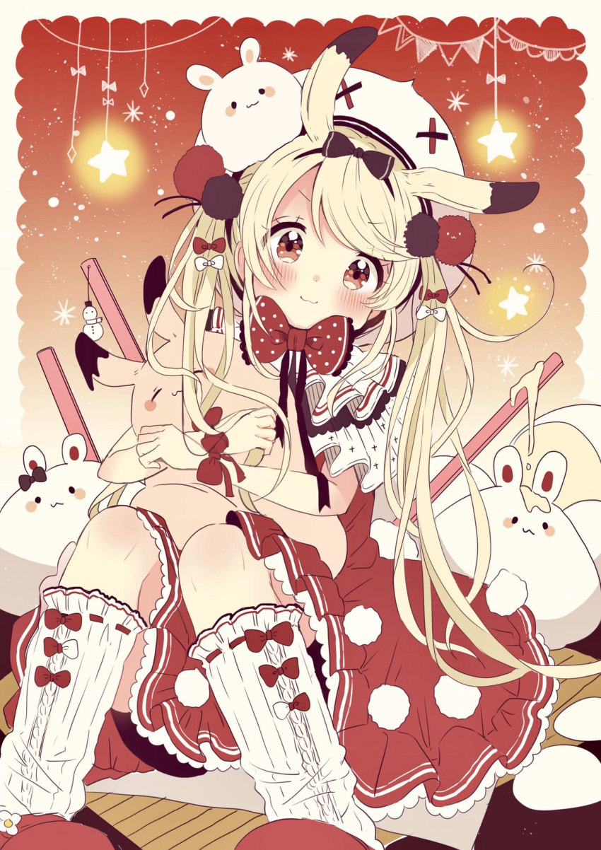 1girl animal animal_ears black_bow blush bow capelet closed_mouth commentary_request dress food hair_bow hair_ornament hat highres ice_cream kneehighs knees_together_feet_apart knees_up light_brown_hair long_hair object_hug original pennant rabbit rabbit_ears red_bow red_dress red_footwear sakura_oriko shoes sitting smile solo star string_of_flags stuffed_animal stuffed_bunny stuffed_toy very_long_hair white_bow white_capelet white_headwear white_legwear wrist_bow