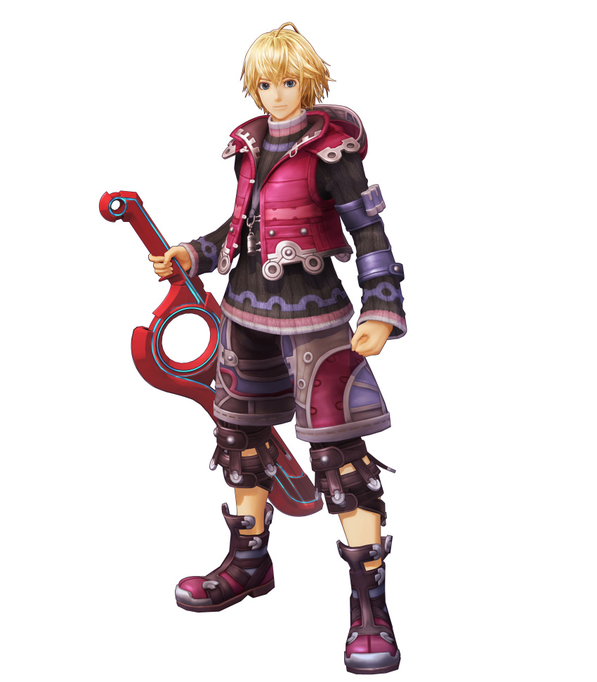 1boy 3d absurdres ahoge blonde_hair blue_eyes boots full_body highres long_sleeves looking_at_viewer monado official_art short_hair shorts shulk solo sweater sword turtleneck turtleneck_sweater vest weapon white_background xenoblade_(series) xenoblade_1