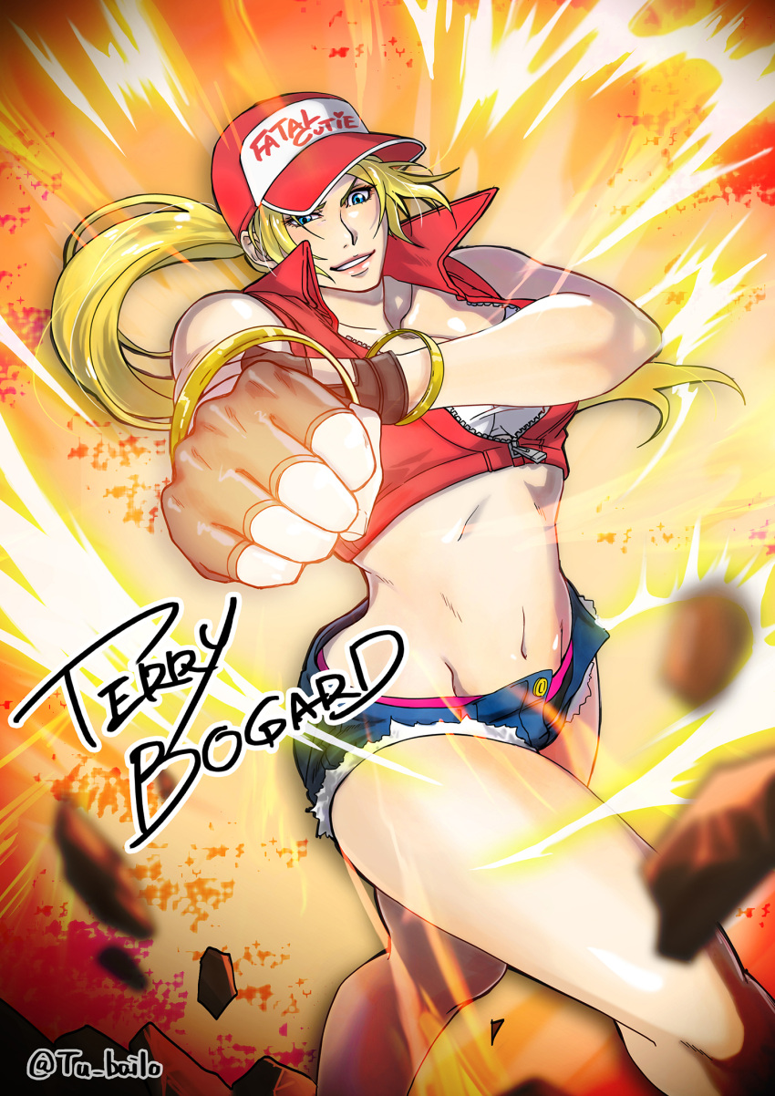 1girl blonde_hair bomber_jacket breasts fatal_fury fingerless_gloves gloves hat highres jacket long_hair looking_at_viewer navel ponytail shorts simple_background smile snk snk_heroines:_tag_team_frenzy solo tank_top terry_bogard the_king_of_fighters vest white_background