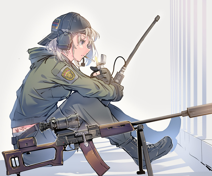 1girl baseball_cap boots brown_eyes daito fingerless_gloves gloves gun hat headset light_brown_hair lighter military mouth_hold original profile radio rifle short_hair sitting smoking solo tattoo weapon white_background