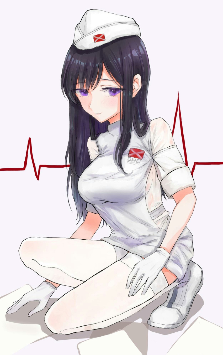 1girl alice_gear_aegis black_hair full_body gloves hat highres kagome_misaki mole nurse nurse_cap papers shoes sikisikisikibu solo squatting violet_eyes white_footwear white_gloves