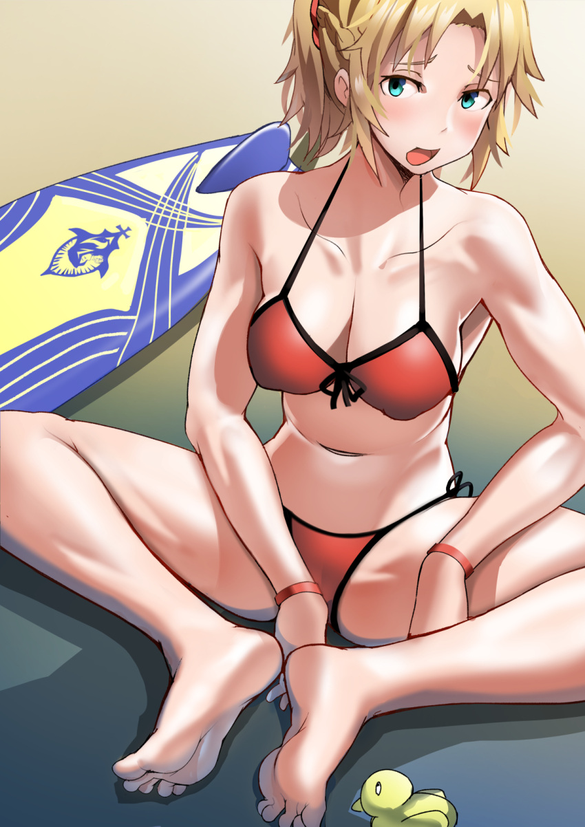 1girl ayakumo bikini blonde_hair blush braid breasts collarbone commentary fate/grand_order fate_(series) green_eyes hair_ornament highres large_breasts long_hair looking_at_viewer mordred_(fate)_(all) mordred_(swimsuit_rider)_(fate) navel ponytail red_bikini scrunchie side-tie_bikini solo surfboard swimsuit tongue tongue_out toy