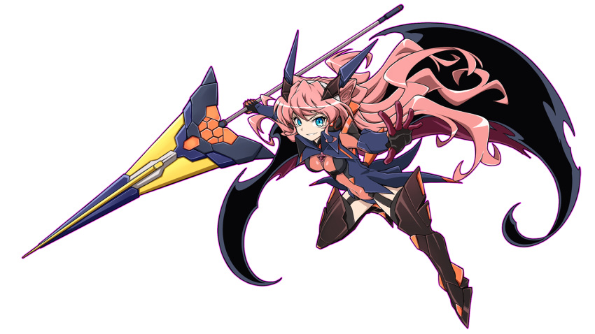 1girl blue_eyes boots covered_navel full_body gloves grin headgear long_hair looking_at_viewer maria_cadenzavna_eve mutsuki_riichi pink_hair polearm senki_zesshou_symphogear simple_background smile solo spear thigh-highs thigh_boots very_long_hair weapon white_background