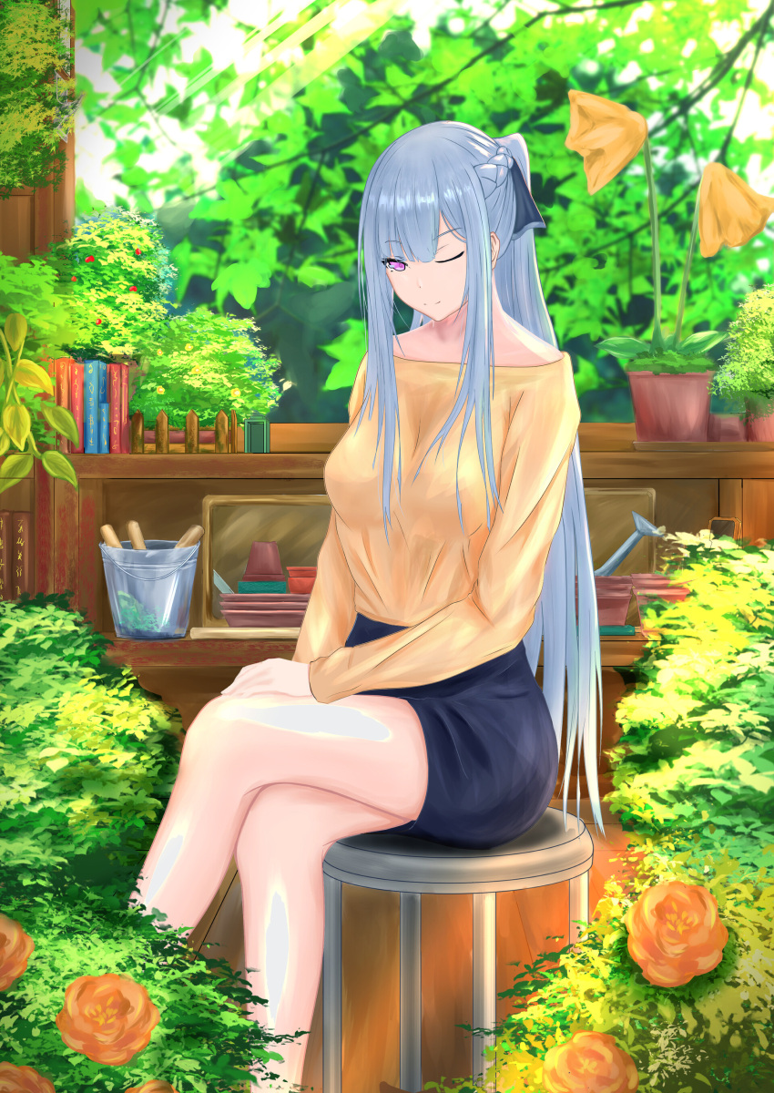 1girl absurdres ak-12_(girls_frontline) alternate_costume bangs book braid crossed_legs crown_braid flower girls_frontline hair_ribbon highres jack9614 leaf long_hair one_eye_closed plant ribbon sidelocks silver_hair sitting smile stool sweater tree violet_eyes yellow_sweater