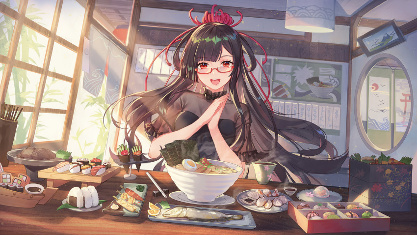 1girl :d atdan black_dress black_hair bowl check_copyright chopsticks commentary cup day dress fish flower food glasses hair_flower hair_ornament highres indoors light_rays long_hair looking_at_viewer looking_over_eyewear makizushi noodles obentou onigiri onmyoji open_mouth own_hands_together plate red-framed_eyewear red_eyes red_flower see-through semi-rimless_eyewear smile solo spider_lily steam sunbeam sunlight sushi table under-rim_eyewear window