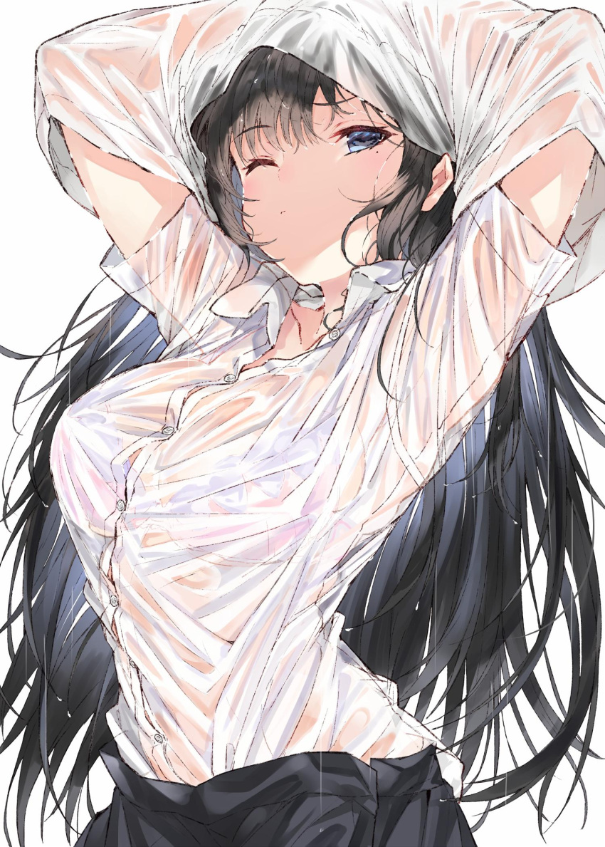 1girl arms_up black_hair black_skirt bra cowboy_shot dress_shirt highres kou_mashiro long_hair mole mole_under_eye one_eye_closed original see-through shirt skirt solo underwear wet wet_clothes white_background