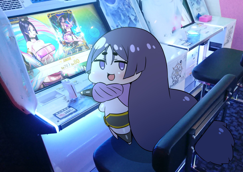 1girl arcade arcade_cabinet bangs bikini bodysuit breasts chibi commentary eyepatch_bikini fate/grand_order fate_(series) highres large_breasts long_hair low-tied_long_hair minamoto_no_raikou_(fate/grand_order) minamoto_no_raikou_(swimsuit_lancer)_(fate) open_mouth parted_bangs photo_background purple_bikini purple_bodysuit purple_hair rei_(rei_rr) smile solo swimsuit very_long_hair violet_eyes