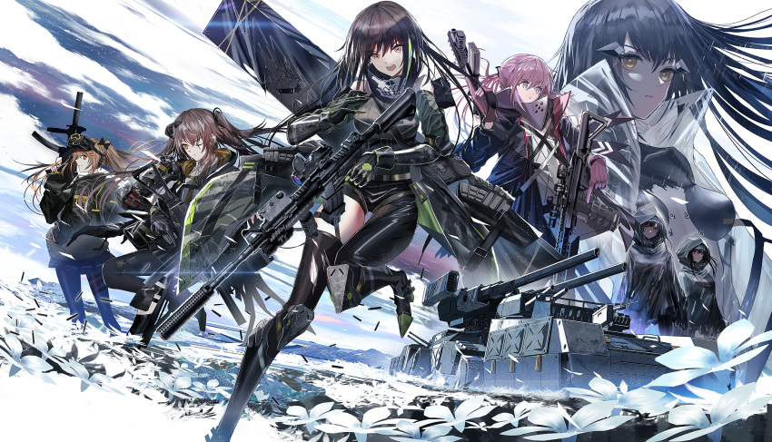 404_(girls_frontline) 5girls anti-rain_(girls_frontline) ar-15 assault_rifle bandana brown_hair company_name dual_wielding face_mask girls_frontline gun gun_case h&amp;k_ump h&amp;k_ump45 h&amp;k_ump9 highres holding m4_carbine m4a1_(girls_frontline) mask mod3_(girls_frontline) multiple_girls nyto_iso_(girls_frontline) official_art one_eye_closed paradeus pink_hair rifle scar scar_across_eye scope st_ar-15_(girls_frontline) submachine_gun swav twintails ump45_(girls_frontline) ump9_(girls_frontline) weapon