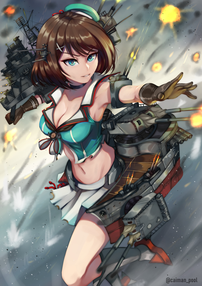 1girl absurdres beret black_gloves blue_eyes breasts brown_hair caiman-pool cannon explosion gloves hair_ornament hat hat_ribbon headgear highres kantai_collection large_breasts maya_(kantai_collection) midriff mini_hat navel outdoors pleated_skirt red_ribbon remodel_(kantai_collection) ribbon rigging short_hair skirt sleeveless solo turret white_skirt x_hair_ornament