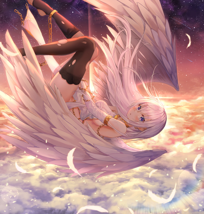 1girl above_clouds angel angel_wings bare_shoulders black_legwear breasts bridal_gauntlets chain clouds cloudy_sky crying crying_with_eyes_open dress earrings falling feathered_wings feathers floating_hair gradient_sky highres jewelry large_breasts lkeris long_hair looking_at_viewer looking_to_the_side mismatched_legwear original parted_lips revealing_clothes shooting_star sideboob sidelocks sky solo star_(sky) starry_sky sunset tears thigh-highs thighs toeless_legwear torn_clothes torn_legwear very_long_hair violet_eyes white_dress white_hair wings