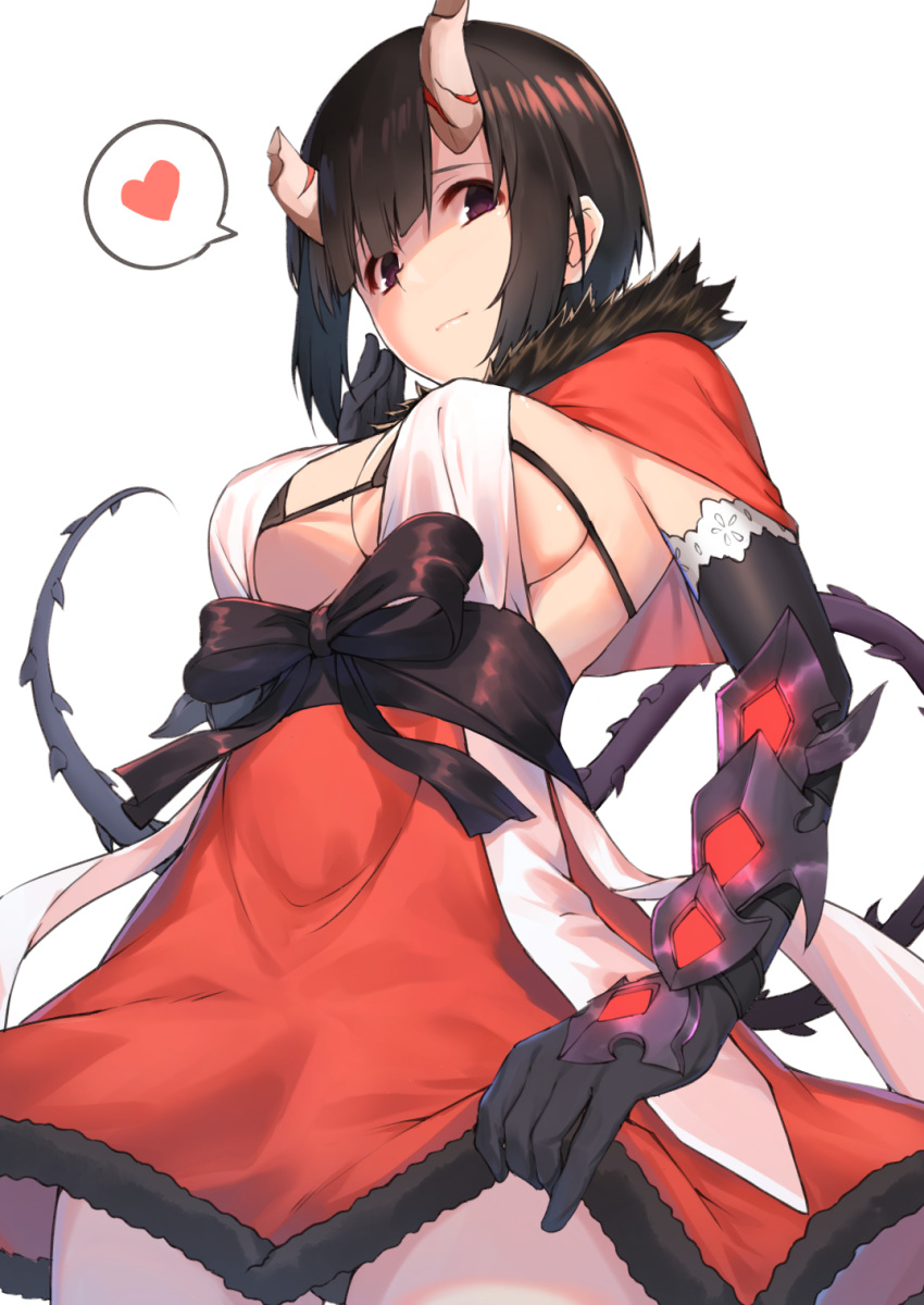 1girl bangs black_bra black_eyes black_gloves black_hair black_ribbon bra breasts broken_horn capelet commentary_request dress elbow_gloves from_below fur_trim gauntlets gloves heart highres kaname_(melaninusa09) large_breasts looking_at_viewer princess_connect! red_capelet red_dress red_heart ribbon short_hair solo spiked_tail tail underwear