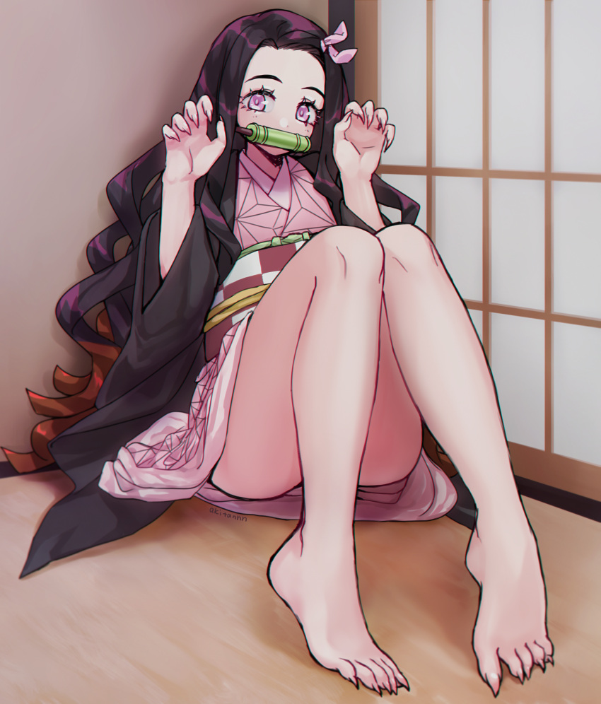 1girl absurdres akitannn alternate_costume asa_no_ha_(pattern) bamboo bit_gag checkered_obi fingernails forehead gag hanafuda haori highres japanese_clothes kamado_nezuko kimetsu_no_yaiba kimono mouth_hold multicolored_hair obi pink_eyes pink_kimono pink_ribbon ribbon sash sharp_fingernails