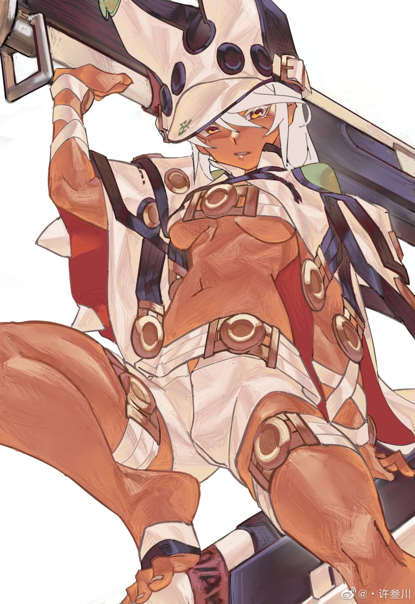 1girl barefoot belt beltbra breasts cape clover dark-skinned_female dark_skin floating floating_object floating_sword floating_weapon four-leaf_clover guilty_gear guilty_gear_xrd hair_between_eyes hand_wraps hat highres huge_weapon long_hair looking_at_viewer loose_belt medium_breasts navel orange_eyes platinum_blonde_hair ramlethal_valentine short_shorts shorts solo sword thigh_strap toenails toes under_boob weapon white_background white_cape white_shorts xu_sanchuan