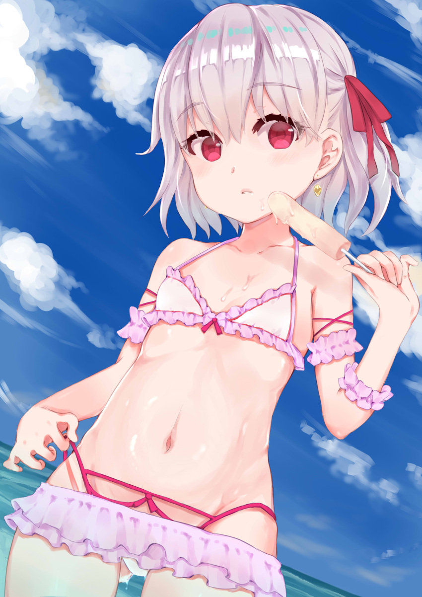 1girl absurdres arm_scrunchie bikini blue_sky bow clouds day dripping earrings fate/grand_order fate_(series) flat_chest food frilled_bikini frills hair_bow highres jewelry kama_(fate/grand_order) lca906 navel outdoors pink_scrunchie popsicle red_bow red_eyes scrunchie short_hair silver_hair sky solo standing swimsuit wet