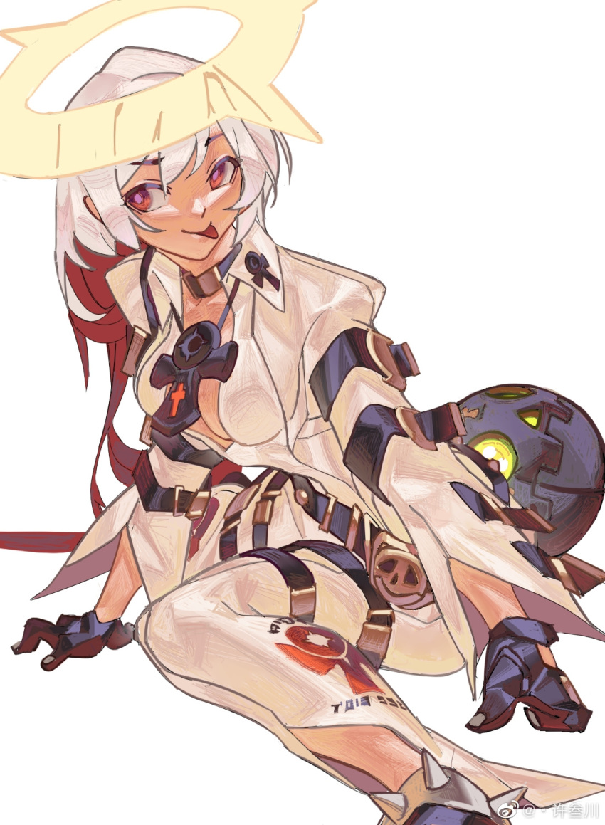 1girl :p ankh_necklace ball_and_chain_restraint bellbottoms between_breasts black_gloves bodysuit breasts colored_inner_hair gloves guilty_gear guilty_gear_xrd halo highres jack-o'_valentine long_hair medium_breasts multicolored_hair no_bra no_mask plunging_neckline red_eyes redhead sitting solo spiked_anklet tongue tongue_out two-tone_hair wariza white_background white_bodysuit white_hair xu_sanchuan