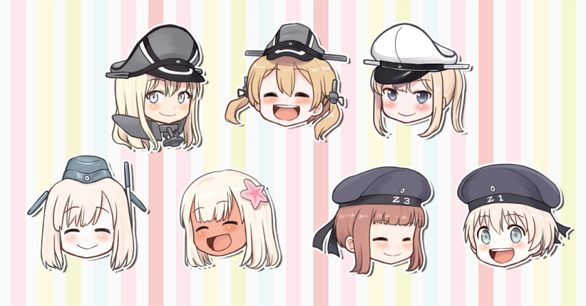 6+girls ahenn anchor_hair_ornament bismarck_(kantai_collection) blonde_hair blue_eyes blue_headwear brown_hair closed_eyes commentary_request dual_persona flower garrison_cap graf_zeppelin_(kantai_collection) grey_eyes hair_flower hair_ornament hat head_only kantai_collection long_hair looking_at_viewer multiple_girls open_mouth peaked_cap prinz_eugen_(kantai_collection) ro-500_(kantai_collection) sailor_hat short_hair sidelocks silver_hair smile striped striped_background tsurime twintails u-511_(kantai_collection) upper_teeth z1_leberecht_maass_(kantai_collection) z3_max_schultz_(kantai_collection)