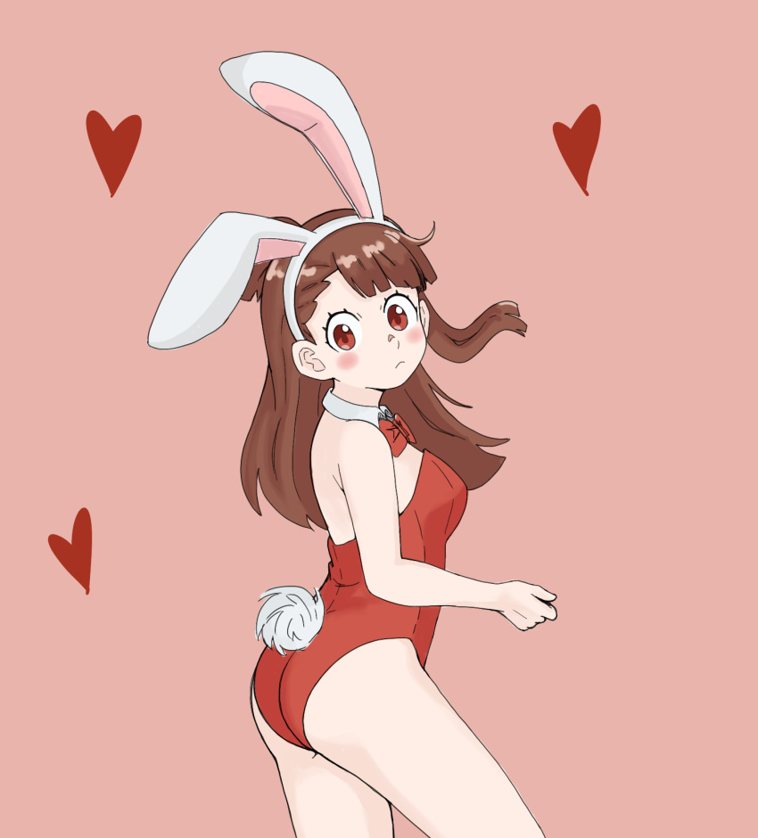 1girl animal_ears ass bare_shoulders blush bow bowtie breasts brown_hair bunny_girl bunny_tail bunnysuit fake_animal_ears fake_tail heart highres kagari_atsuko leotard little_witch_academia long_hair looking_at_viewer looking_to_the_side medium_breasts pink_background rabbit_ears red_eyes red_leotard red_neckwear rikichii shiny shiny_hair simple_background solo standing strapless strapless_leotard tail