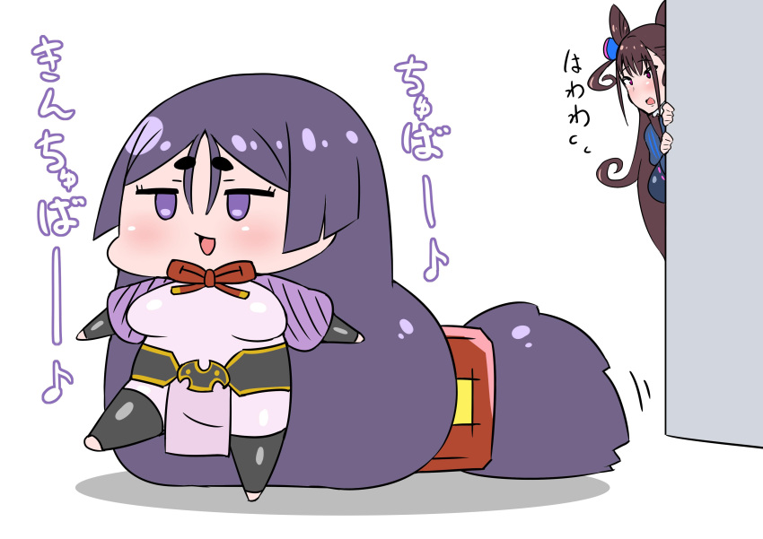 2girls absurdres brown_eyes brown_hair chibi commentary_request double_bun eighth_note fate/grand_order fate_(series) highres long_hair low-tied_long_hair minamoto_no_raikou_(fate/grand_order) multiple_girls murasaki_shikibu_(fate) musical_note open_mouth purple_hair rei_(rei_rr) smile translation_request very_long_hair violet_eyes