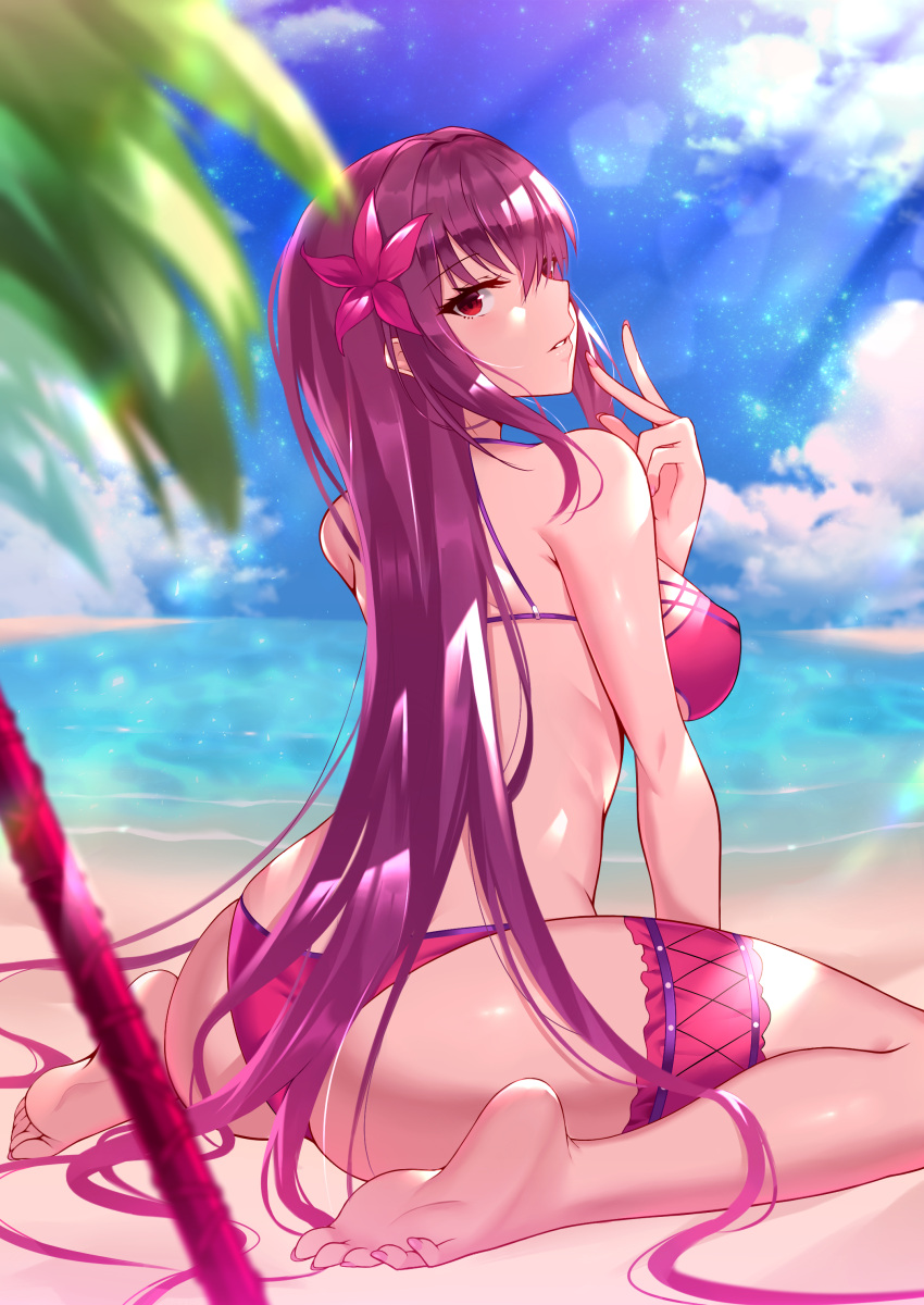 1girl absurdres ass back bare_shoulders barefoot beach bikini black_fire_(peter02713) blue_sky blush breasts fate/grand_order fate_(series) feet flower gae_bolg hair_between_eyes hair_flower hair_intakes hair_ornament hibiscus highres large_breasts leg_garter long_hair looking_at_viewer looking_back parted_lips polearm purple_bikini purple_hair red_eyes scathach_(fate)_(all) scathach_(swimsuit_assassin)_(fate) sitting sky solo sunlight swimsuit thighs wariza weapon