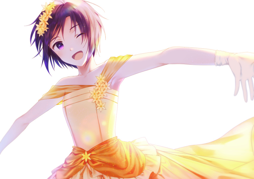 1girl ;d antenna_hair armpits dress flower gloves hachiware hair_between_eyes hair_flower hair_ornament head_wreath highres idolmaster idolmaster_(classic) kikuchi_makoto looking_at_viewer one_eye_closed open_mouth outstretched_arms purple_hair shiny shiny_hair short_hair simple_background sleeveless sleeveless_dress smile solo standing violet_eyes white_background white_gloves yellow_dress yellow_flower