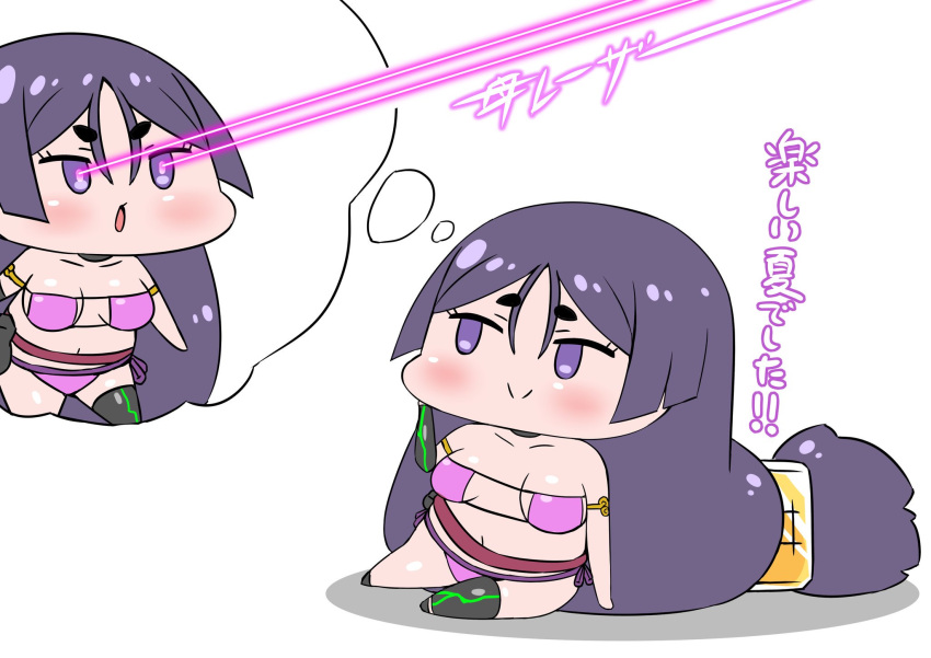 1girl armlet bangs bikini breasts chibi commentary_request eye_beam eyepatch_bikini fate/grand_order fate_(series) highres imagining large_breasts laser_beam long_hair low-tied_long_hair minamoto_no_raikou_(fate/grand_order) minamoto_no_raikou_(swimsuit_lancer)_(fate) parted_bangs pink_bikini rei_(rei_rr) sitting smile solo swimsuit translated very_long_hair yokozuwari