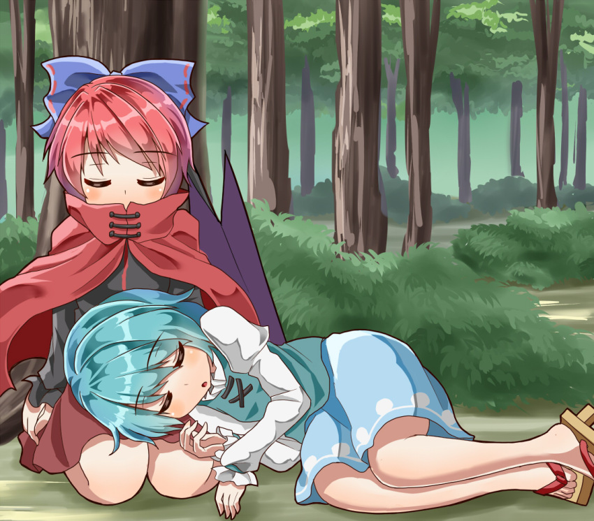 2girls :o against_tree arms_at_sides black_shirt blue_hair blue_skirt blue_vest blush bow bush cape day eyebrows_visible_through_hair forest geta hair_bow juliet_sleeves lap_pillow legs_together long_sleeves lying lying_on_person multiple_girls nature on_ground on_side outdoors puffy_sleeves red_cape red_skirt redhead seiza sekibanki shiny shiny_hair shirt short_hair sitting skirt sleeping sugiyama_ichirou tatara_kogasa touhou tree under_tree vest white_shirt