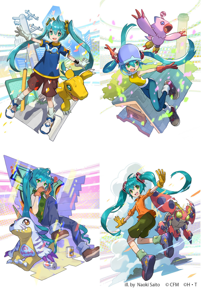 1girl agumon bare_shoulders brown_gloves brown_shorts can chimney collared_shirt cosplay denim digimon digimon_adventure fanta flying gabumon gloves goggles goggles_around_neck graffiti green_hair green_legwear green_shirt green_shorts hair_ornament hatsune_miku helmet highres horn ishida_yamato ishida_yamato_(cosplay) izumi_koushirou izumi_koushirou_(cosplay) jeans lightning_bolt long_hair looking_at_another looking_at_viewer looking_away multiple_views onsen_symbol open_mouth orange_shirt pants pavement piyomon power_lines red_gloves rooftop saitou_naoki shirt shoes shorts sitting sleeveless sneakers socks stairs star sweater takenouchi_sora takenouchi_sora_(cosplay) tentomon turtleneck turtleneck_sweater twintails vocaloid white_gloves white_legwear yagami_taichi yagami_taichi_(cosplay) yellow_gloves yellow_shirt