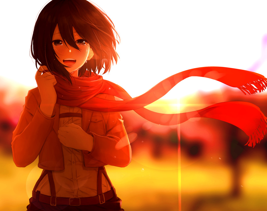 1girl belt black_hair blurry blurry_background blush commentary crying crying_with_eyes_open emblem hair_between_eyes haru_(re_ilust) highres jacket mikasa_ackerman open_mouth outdoors paradis_military_uniform red_scarf scarf shingeki_no_kyojin short_hair solo standing sun_glare sunset tears upper_body