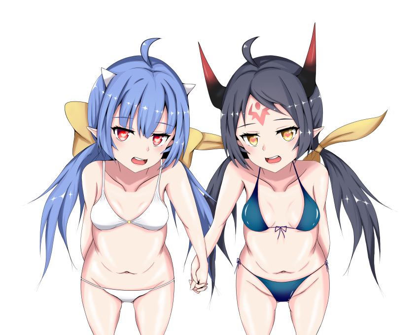 absurdres bikini black_hair blue_hair breasts epic7 hair_ribbon heart heart-shaped_pupils highres holding_hands horns long_hair ravirihiseea_vizzall_(epic7) red_eyes ribbon small_breasts swimsuit symbol-shaped_pupils twintails yellow_eyes