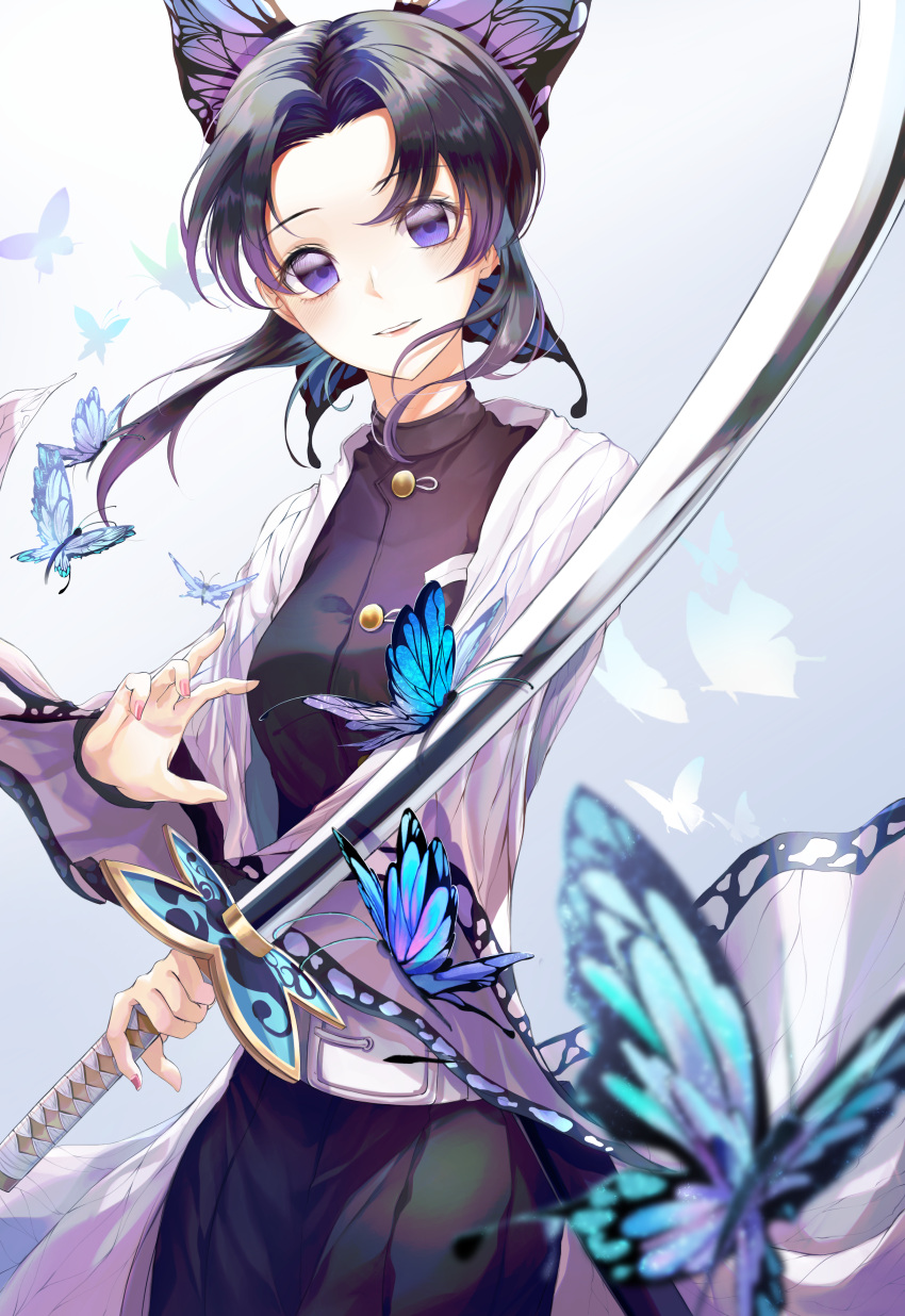 1girl absurdres animal_print bangs belt black_hair black_pants blurry breasts bug butterfly butterfly_hair_ornament butterfly_print coat cowboy_shot csc00014 depth_of_field gradient_hair hair_ornament haori highres insect japanese_clothes katana kimetsu_no_yaiba kochou_shinobu lips looking_at_viewer medium_breasts multicolored_hair nail_polish pants parted_bangs pink_nails purple_hair reverse_grip short_hair simple_background smile solo sword two-tone_hair uniform violet_eyes weapon white_background wide_sleeves