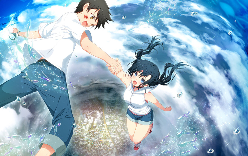 1boy 1girl :d amano_hina blood blood_on_face blue_eyes blue_hair blue_pants blue_shorts brown_eyes brown_hair couple cuffs day denim denim_shorts emoi_do eye_contact floating_hair handcuffs highres holding_hands hood hood_down hooded_cardigan long_hair looking_at_another morisaki_hotaka open_mouth outdoors pants red_footwear shiny shiny_hair shirt short_shorts short_sleeves shorts smile tenki_no_ko white_cardigan white_shirt