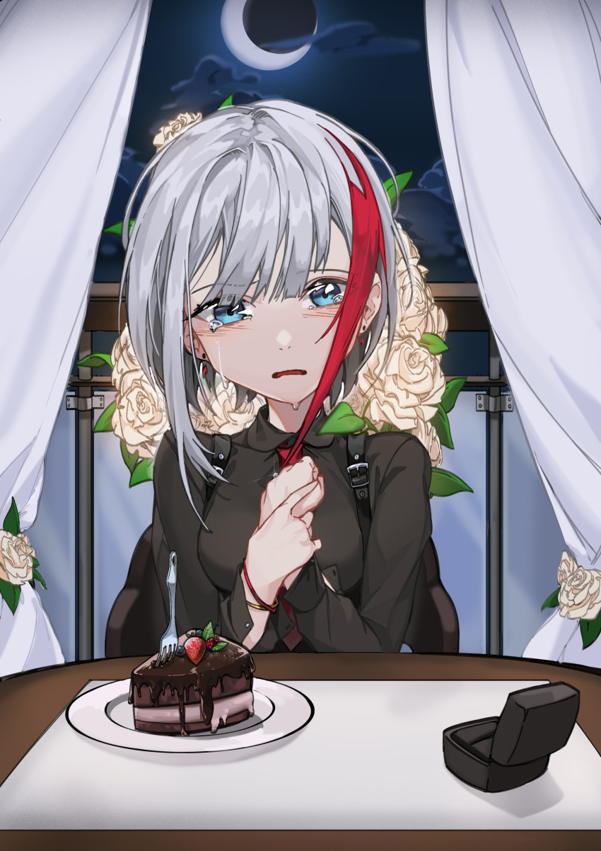 1girl absurdres admiral_graf_spee_(azur_lane) alternate_costume asymmetrical_hair azur_lane bangs black_shirt blue_eyes blush bouquet breasts cake chair chocolate_cake clouds cloudy_sky collared_shirt commentary crying crying_with_eyes_open curtains earrings english_commentary eyebrows_visible_through_hair flower food fork happy_tears highres indoors jewelry long_sleeves looking_at_viewer medium_breasts moon multicolored_hair necktie night night_sky open_mouth page'as pov proposal red_neckwear ring ring_box rose shirt short_hair sidelocks sitting sky solo streaked_hair streaming_tears suspenders table tears wavy_mouth wedding_ring white_flower white_hair white_rose wristband