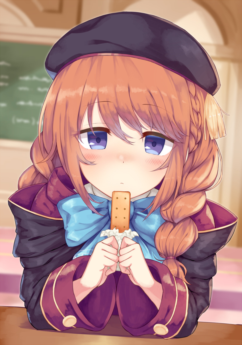 1girl beret biscuit blue_eyes blue_ribbon blurry blurry_background blush braid brown_hair chalkboard food hat highres long_hair looking_at_viewer portrait princess_connect! princess_connect!_re:dive ribbon solo table twin_braids yamato_(muchuu_paradigm) yuni_(princess_connect)