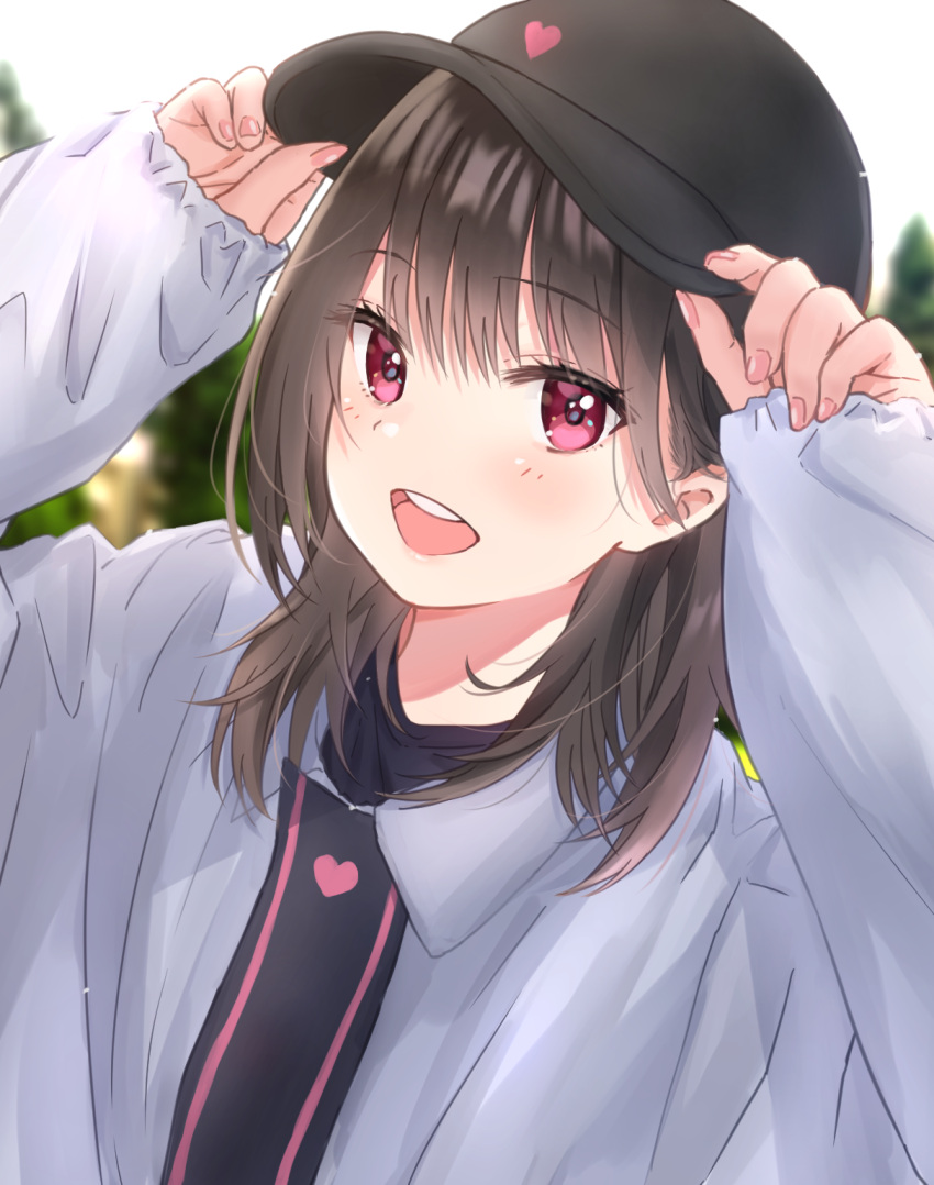 1girl bangs black_headwear blush commentary grey_jacket hands_on_headwear haru_(re_ilust) hat heart highres jacket looking_at_viewer medium_hair nail_polish open_mouth original outdoors pink_eyes pink_nails round_teeth sleeves_past_wrists solo teeth upper_body