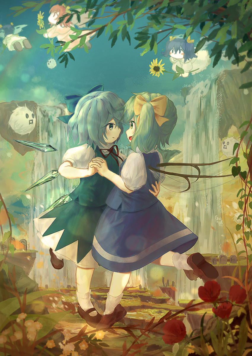 5girls absurdres blue_bow blue_eyes blue_hair blue_skirt blue_sky blue_vest blurry bobby_socks bokeh bow brown_footwear cirno commentary_request daiyousei dancing day depth_of_field ekaapetto eye_contact fairy_wings flower flying green_eyes green_hair hair_ribbon hand_on_another's_back highres holding holding_flower holding_hands interlocked_fingers kedama leg_lift looking_at_another mary_janes multiple_girls open_mouth outdoors pillar poppy_(flower) redhead ribbon shoes short_hair side_ponytail skirt skirt_set sky smile socks standing standing_on_one_leg sunflower_fairy tombstone touhou two_side_up vest water waterfall white_legwear wings yellow_bow yuri