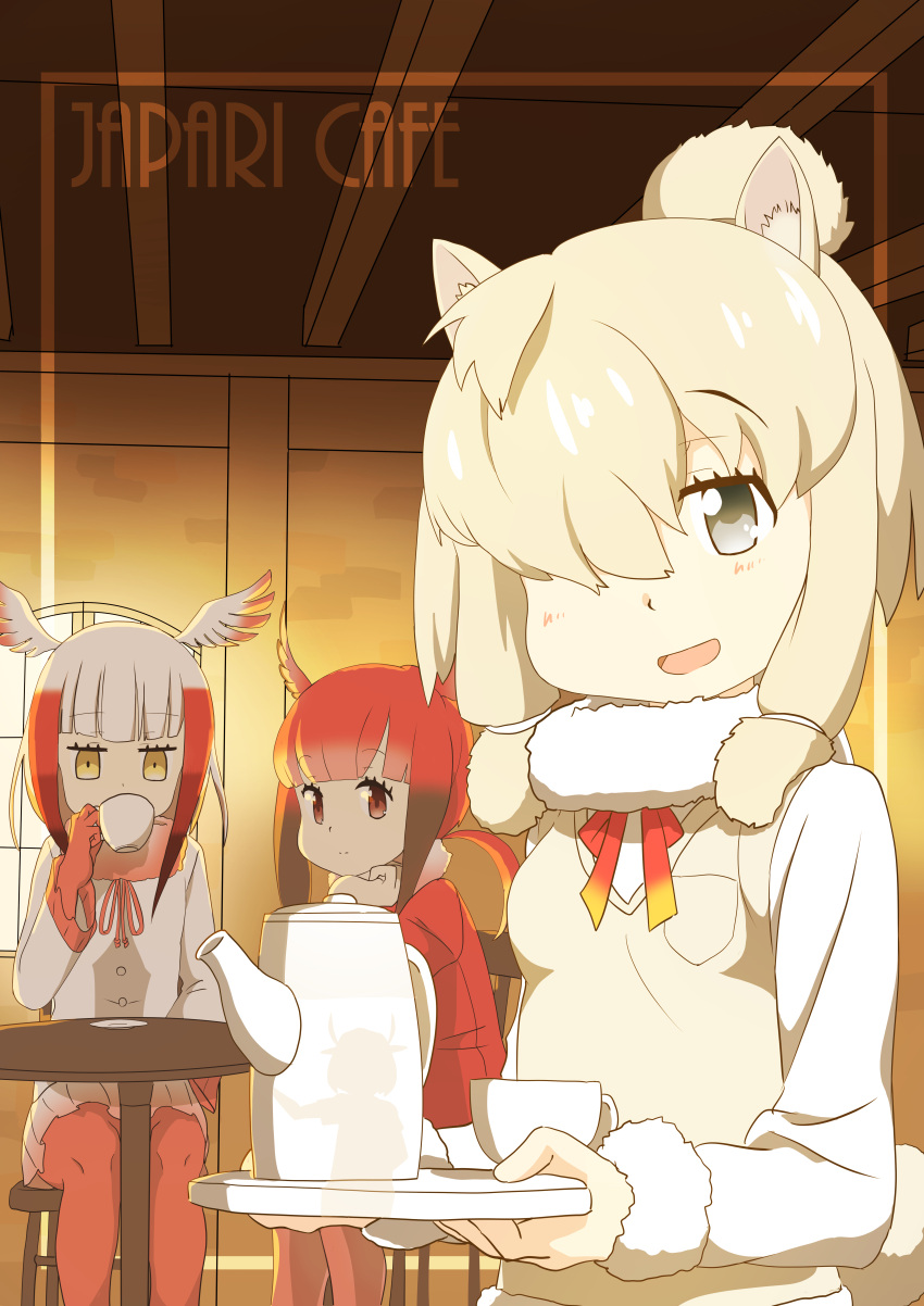 3girls :d absurdres alpaca_ears alpaca_suri_(kemono_friends) alpaca_tail animal_ears bangs bird_wings blonde_hair blouse breast_pocket brown_hair chair closed_mouth commentary_request cup drinking empty_eyes expressionless eyebrows_visible_through_hair funakenblue fur-trimmed_sleeves fur_collar fur_trim gloves grey_eyes hair_bun hair_over_one_eye hand_up head_tilt head_wings highres holding holding_cup holding_tray indoors japanese_crested_ibis_(kemono_friends) kemono_friends long_hair long_sleeves looking_at_viewer medium_hair multicolored_hair multiple_girls neck_ribbon open_mouth pantyhose pleated_skirt pocket red_eyes red_gloves red_legwear redhead ribbon scarlet_ibis_(kemono_friends) shadow shirt sitting skirt smile sweater_vest table tail teacup teapot tray twintails white_hair window wings yellow_eyes