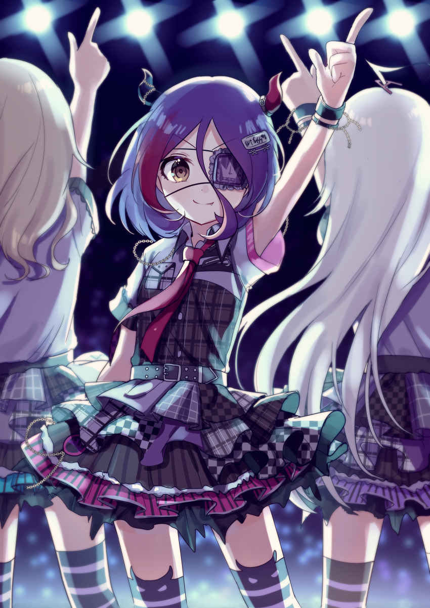 3girls absurdres arm_up bangs black_legwear blurry blurry_background breasts brown_eyes chain checkered closed_mouth collared_shirt commentary_request depth_of_field eyebrows_visible_through_hair eyepatch fang fang_out hair_between_eyes hayasaka_mirei highres horns hoshi_shouko idolmaster idolmaster_cinderella_girls idolmaster_cinderella_girls_starlight_stage index_finger_raised individuals layered_skirt morikubo_nono multicolored_hair multiple_girls necktie plaid_jacket pleated_skirt poyo_(shwjdddms249) purple_hair red_neckwear redhead shirt short_sleeves skirt small_breasts smile solo_focus stage_lights streaked_hair striped striped_legwear thigh-highs v-shaped_eyebrows vertical_stripes white_shirt