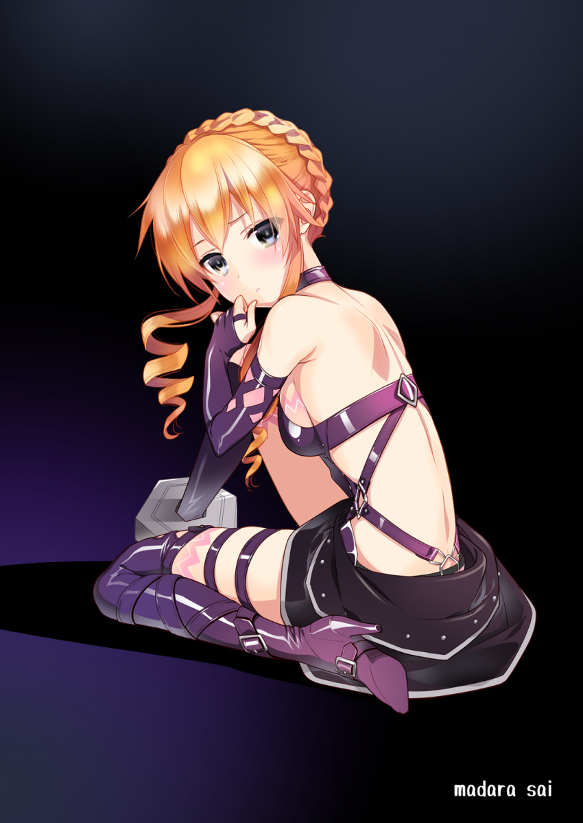 1girl artist_name backless_outfit blonde_hair blue_eyes boots breasts bridal_gauntlets closed_mouth date_a_live detached_sleeves drill_hair high_heel_boots high_heels highres long_sleeves looking_at_viewer madara_sai medium_breasts purple_footwear purple_sleeves shiny shiny_footwear shiny_hair short_hair_with_long_locks shoulder_blades sideboob sidelocks sitting solo thigh-highs thigh_boots twin_drills wariza yamai_kaguya