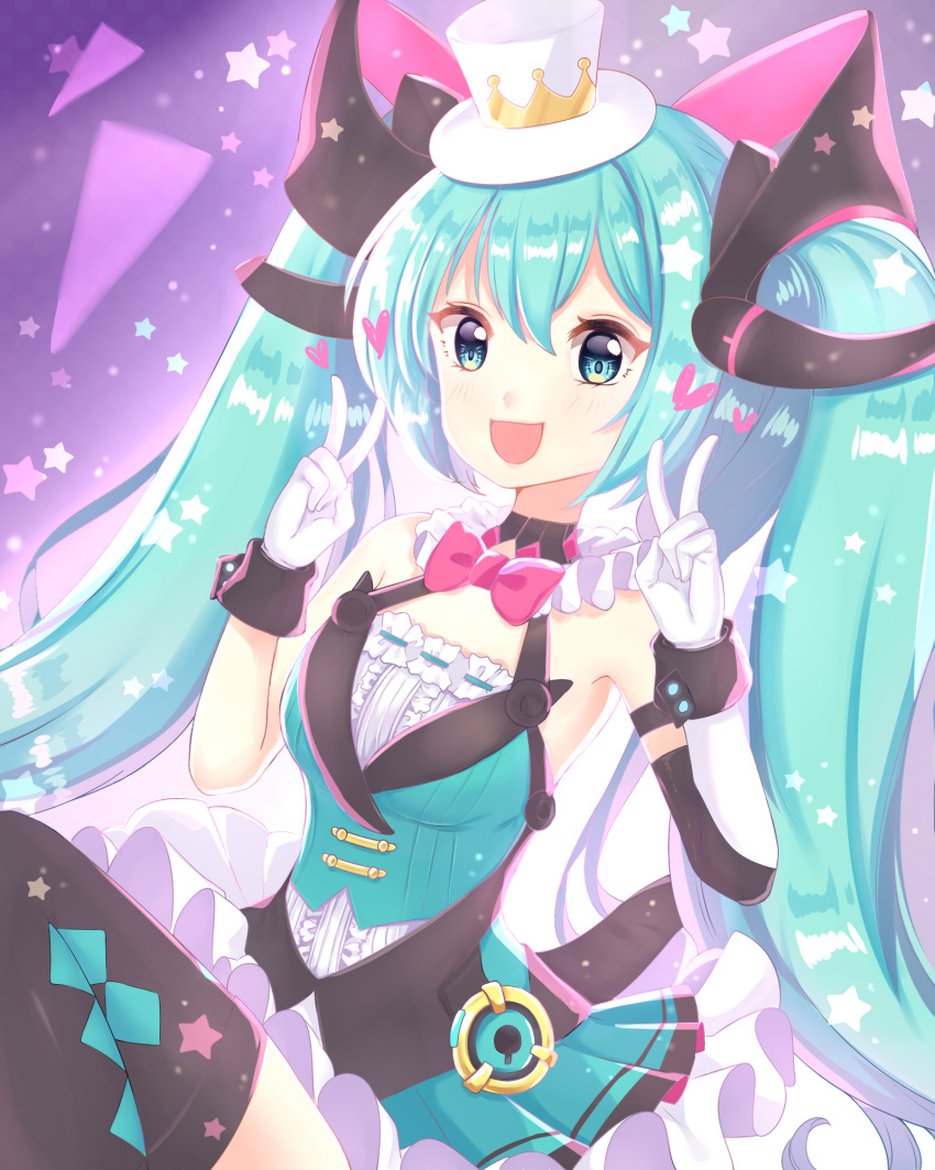1girl :d bangs bare_shoulders black_legwear blue_eyes blue_sky blue_vest blush bow breasts center_frills commentary_request detached_sleeves double_v eyebrows_visible_through_hair frills gloves green_hair hair_between_eyes hair_ornament hands_up hat hatsune_miku heart highres light_(luxiao_deng) long_hair long_sleeves magical_mirai_(vocaloid) mini_hat mini_top_hat open_mouth pleated_skirt purple_background red_bow shirt single_detached_sleeve skirt sky small_breasts smile solo star thigh-highs tilted_headwear top_hat twintails v very_long_hair vest vocaloid white_gloves white_headwear white_shirt