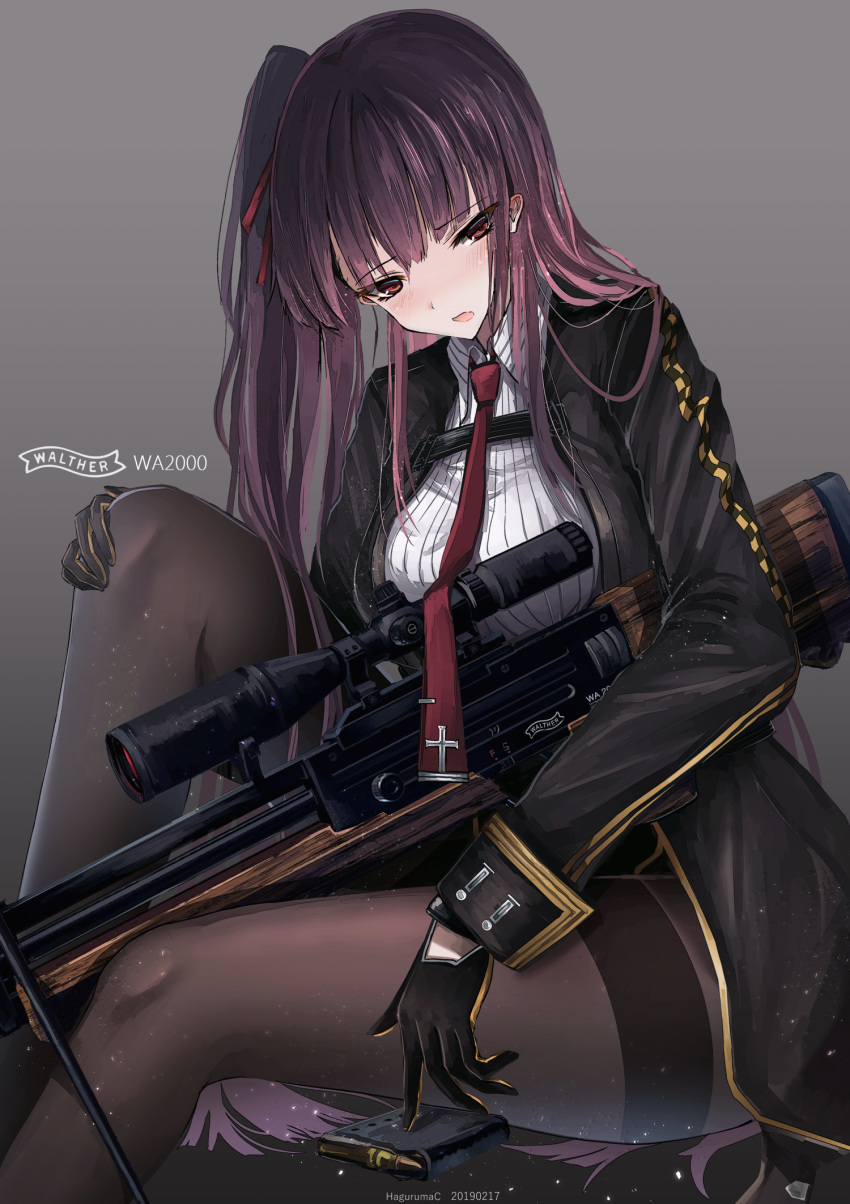 1girl artist_name bipod blush breasts bullpup dated girls_frontline gloves graphite_(medium) grey_background gun haguruma_(hagurumali) highres large_breasts long_hair magazine_(weapon) necktie pantyhose purple_hair red_eyes rifle scope side_ponytail sniper_rifle solo thighband_pantyhose thighs traditional_media very_long_hair wa2000_(girls_frontline) walther walther_wa_2000 weapon