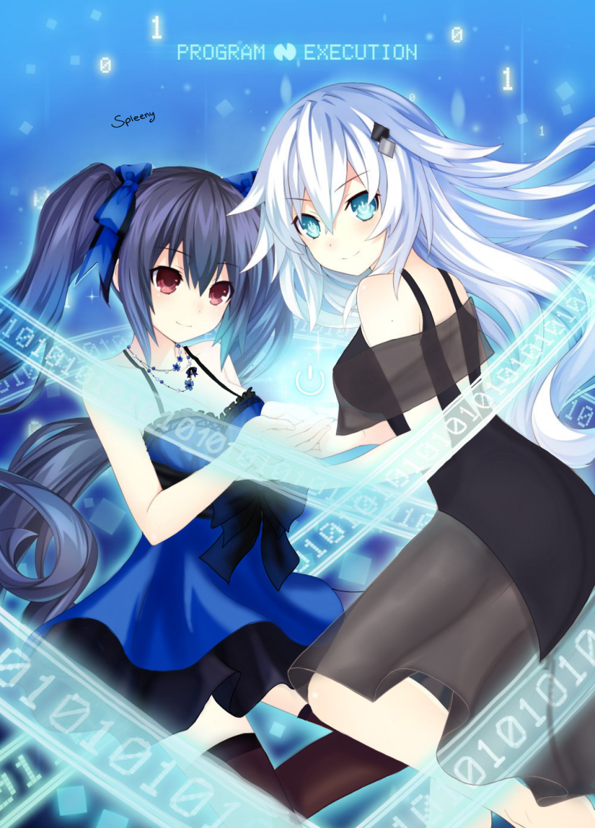 2girls alternate_costume black_hair black_heart dress eyebrows_visible_through_hair hair_ribbon highres light_blue_eyes mole multiple_girls multiple_persona neptune_(series) noire red_eyes ribbon smile thigh-highs twintails white_hair