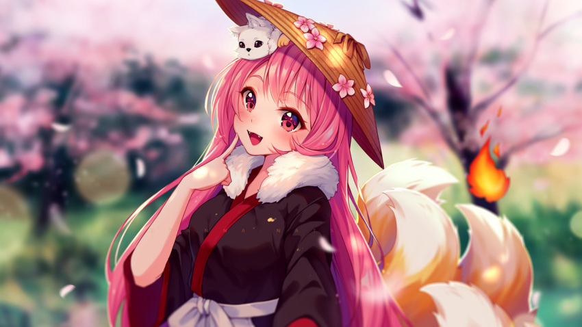 1girl :d ajirogasa animal animal_on_head bangs black_kimono blurry blurry_background blush breasts brown_headwear cherry_blossoms commentary commission day depth_of_field english_commentary eyebrows_visible_through_hair fangs fire flower fox_tail fur_collar hand_up hat hat_flower hyanna-natsu index_finger_raised japanese_clothes kimono kitsune long_hair on_head open_mouth original outdoors petals pink_flower pink_hair red_eyes small_breasts smile solo tail tail_raised tree upper_body very_long_hair