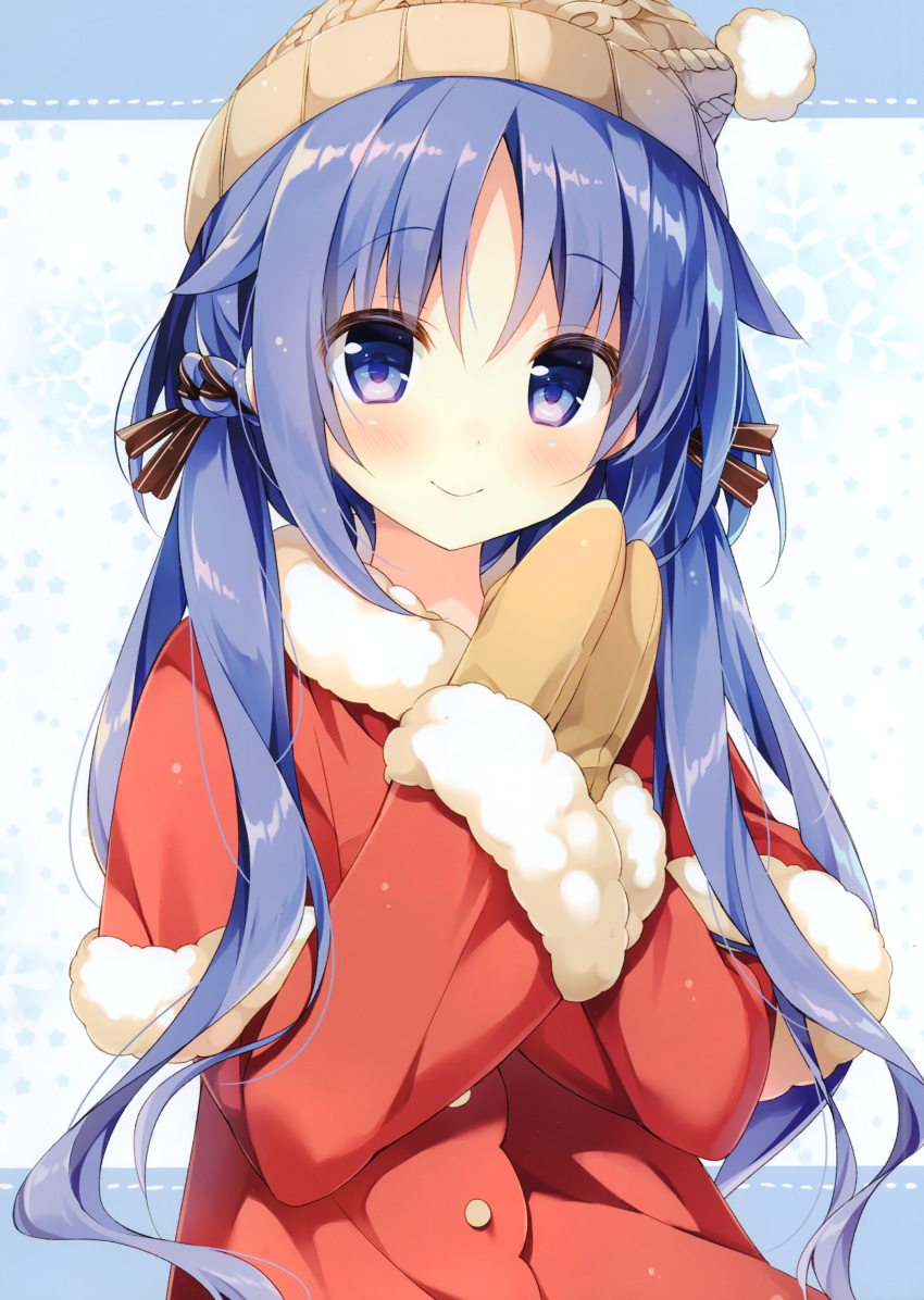 1girl absurdres beanie black_ribbon blue_eyes blue_hair blush braid buttons capelet closed_mouth coat fur_trim hair_flaps hair_ribbon hat highres long_hair long_sleeves looking_at_viewer mittens original own_hands_together red_coat ribbon scan smile snowflake_background solo suimya upper_body wavy_hair winter_clothes