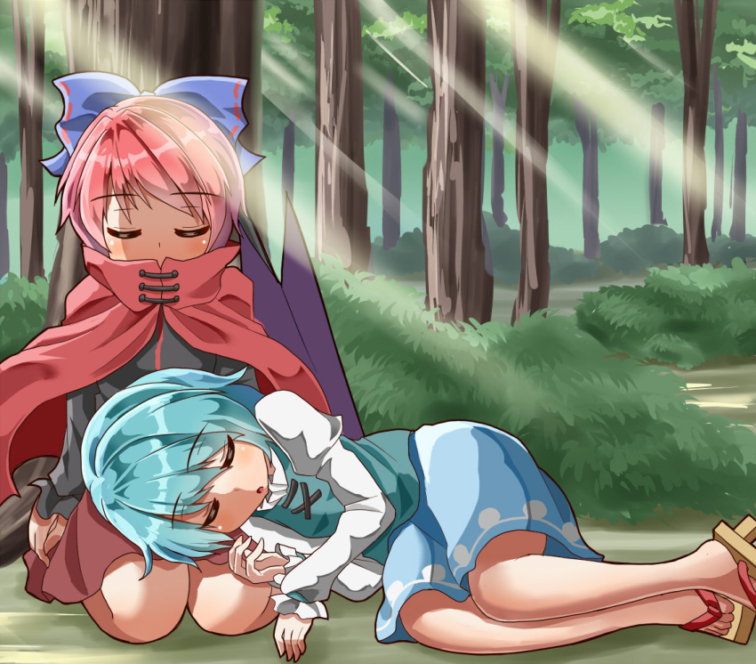 2girls :o against_tree arms_at_sides black_shirt blue_hair blue_skirt blue_vest blush bow bush cape commentary_request day eyebrows_visible_through_hair forest geta hair_bow juliet_sleeves lap_pillow legs_together light_rays long_sleeves lying lying_on_person multiple_girls nature on_ground on_side outdoors puffy_sleeves red_cape red_skirt redhead seiza sekibanki shade shiny shiny_hair shirt short_hair sitting skirt sleeping sugiyama_ichirou sunbeam sunlight tatara_kogasa touhou tree under_tree vest white_shirt