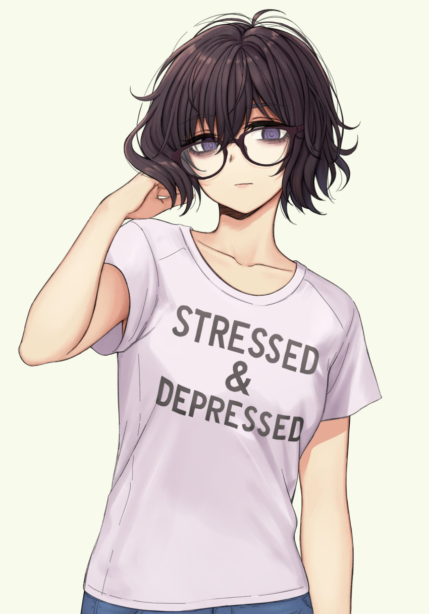 androgynous arm_up black-framed_eyewear black_hair clothes_writing collarbone english_text expressionless glasses hair_flip highres looking_at_viewer original pas_(paxiti) shirt short_hair simple_background solo t-shirt upper_body violet_eyes white_shirt yellow_background