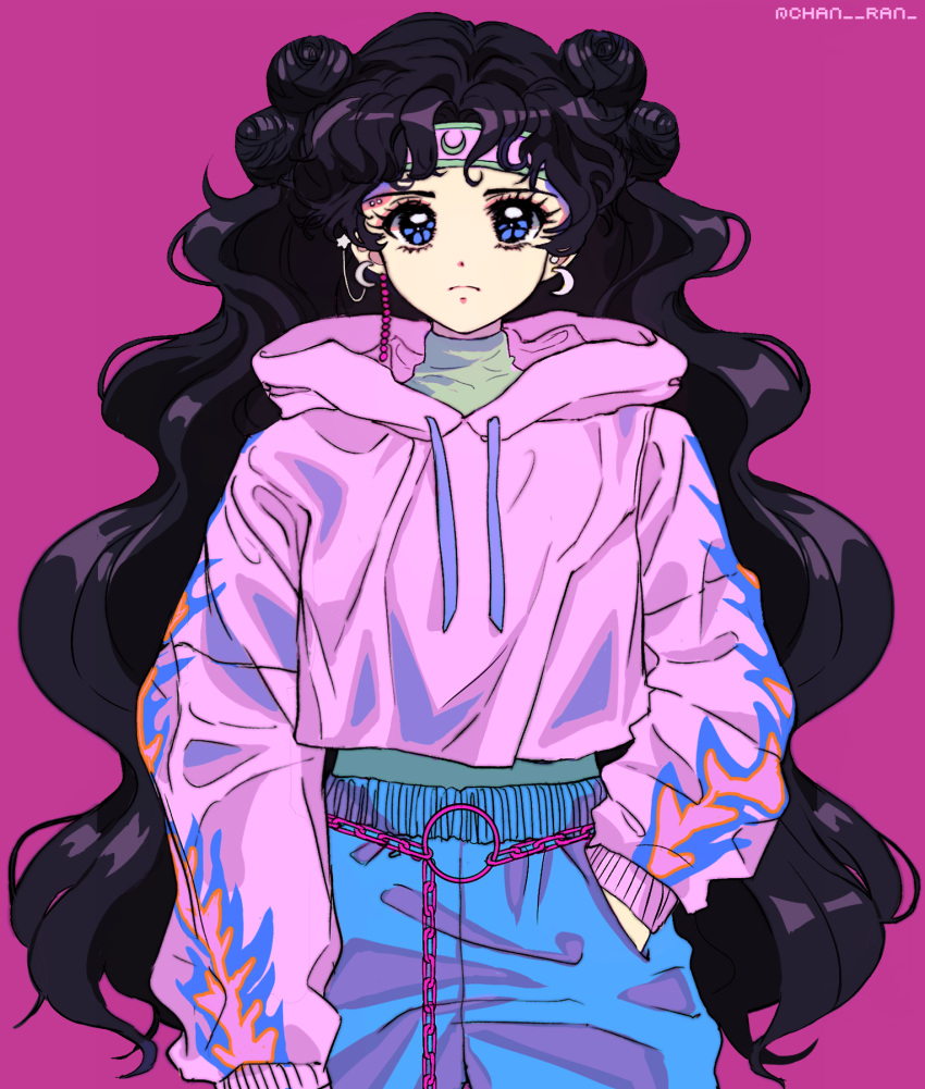 1girl 80s alternate_costume artist_name bishoujo_senshi_sailor_moon black_hair blue_eyes casual chanran crescent crescent_earrings earrings hand_in_pocket headband highres hood hoodie jewelry long_hair looking_at_viewer luna_(sailor_moon) luna_(sailor_moon)_(human) oldschool solo twitter_username very_long_hair wavy_hair